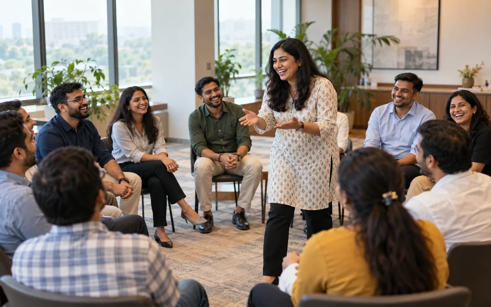 A facilitator leading a corporate team-building session