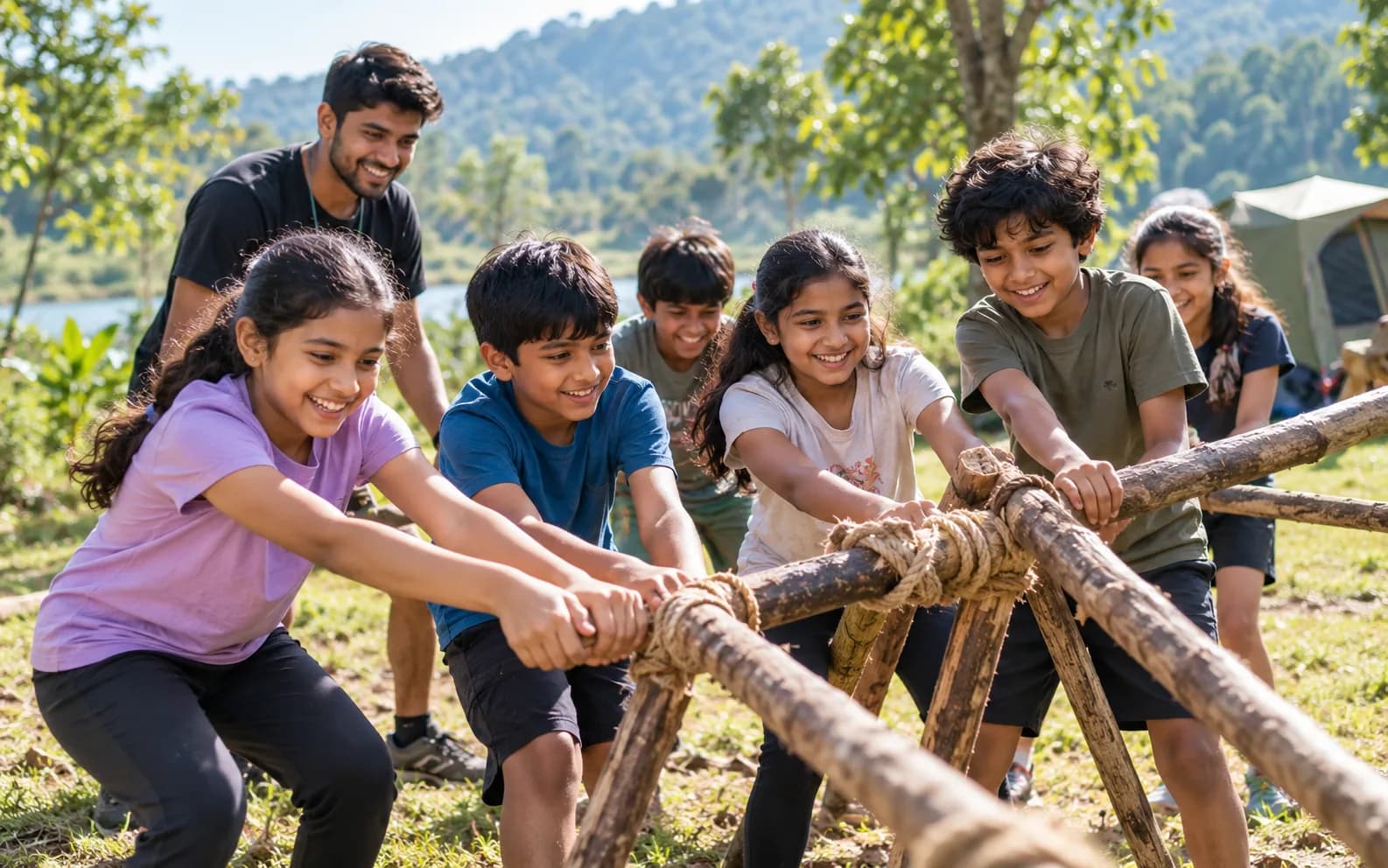 Children taking part in an outdoor team activity at a summer camp