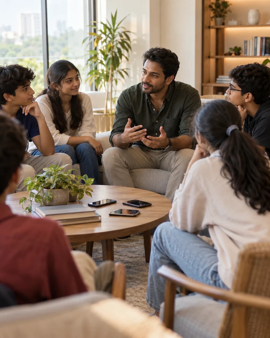 A mentor guiding a group of school students in a discussion